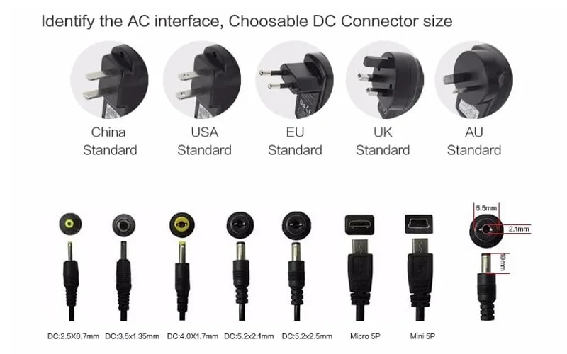 New Products Interchangeable Plug Adapter EU/Us/UK/Au/Cn Standard 12V 2A 30W Power Supply