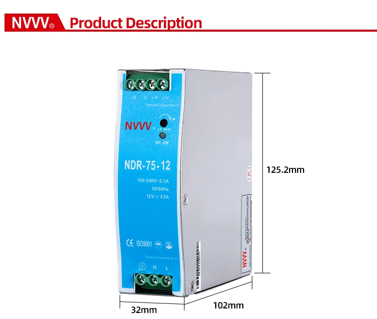 Nvvv Ndr-75-12 75W 12V 24V Power Supply 12V 6.25A Supplies SMPS PSU DIN Rail Power Supply