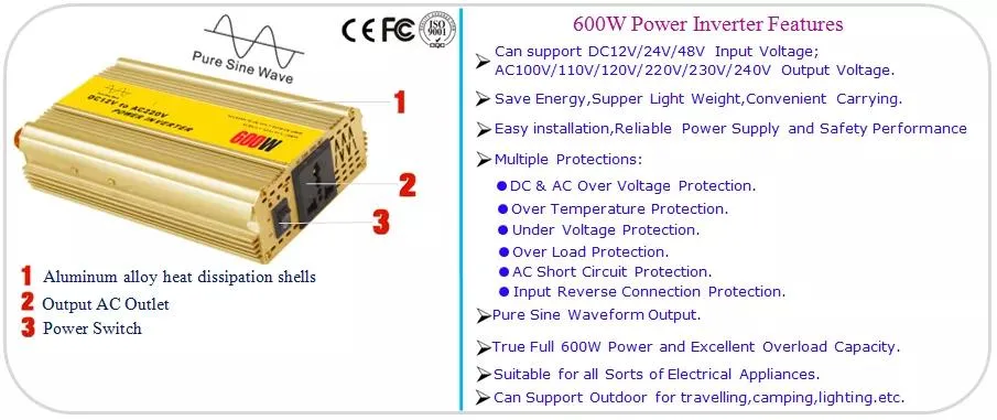 600W Inverter Pure Sine Wave 12V 220V Power Inverter Converter