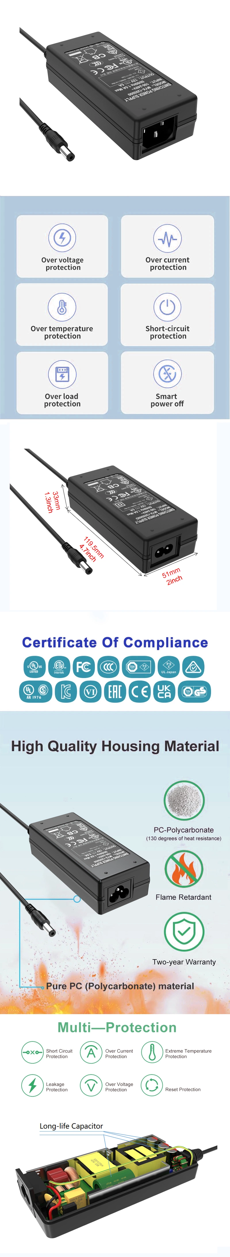 Free Sample AC DC Adaptor 12V 5A Power Adapter 12 Volt 5 AMP 24V 2.5A Power Supply for LED LCD CCTV
