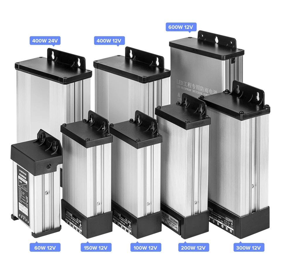 AC180V-240V to DC12V 24V IP65 Rain-Proof Power Supply Transformer Adapter for LED Strip Lights 60W 100W 150W 200W 300W 400W 600W