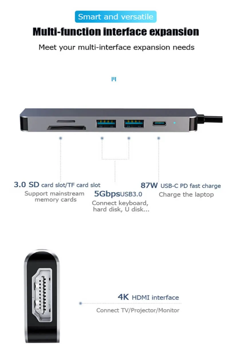 6-in-1 USB-C Docking Station with HDTV/TF/SD/USB3.0/Pd Charging Port Multiport Adapter