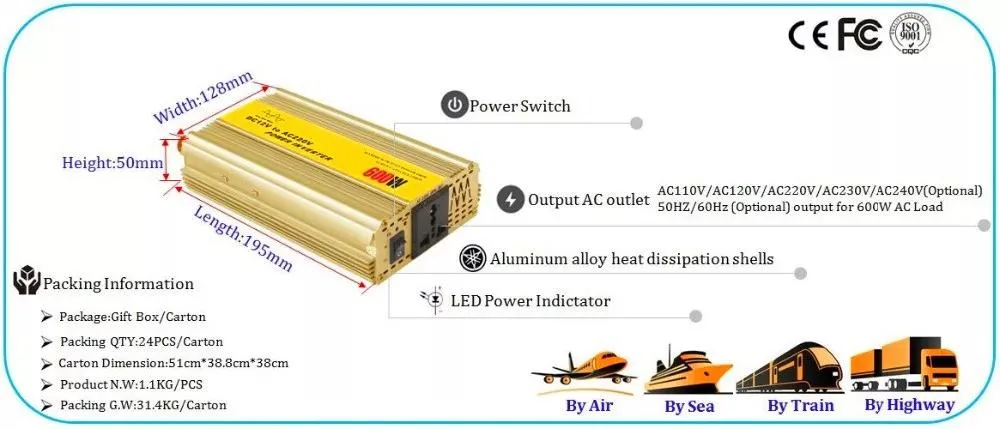 600W Inverter Pure Sine Wave 12V 220V Power Inverter Converter