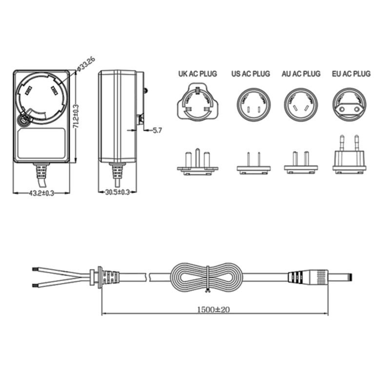 New Products Interchangeable Plug Adapter EU/Us/UK/Au/Cn Standard 12V 2A 30W Power Supply