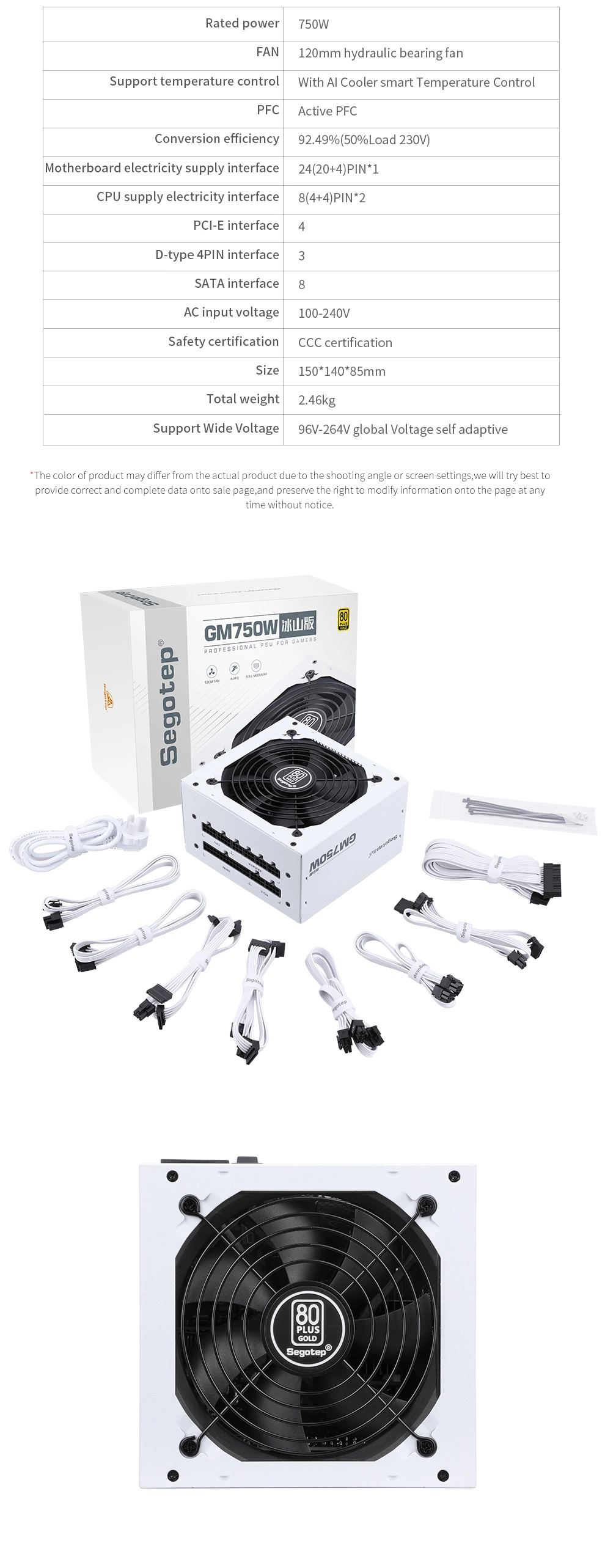 Segotep-GM750W White-80-Plus-Gold-70cm-CPU-Output-Cable-Modular-ATX-Switching-Power-Supply-for-DIY Desktop-Computer-92.49%-Conversion Efficiency