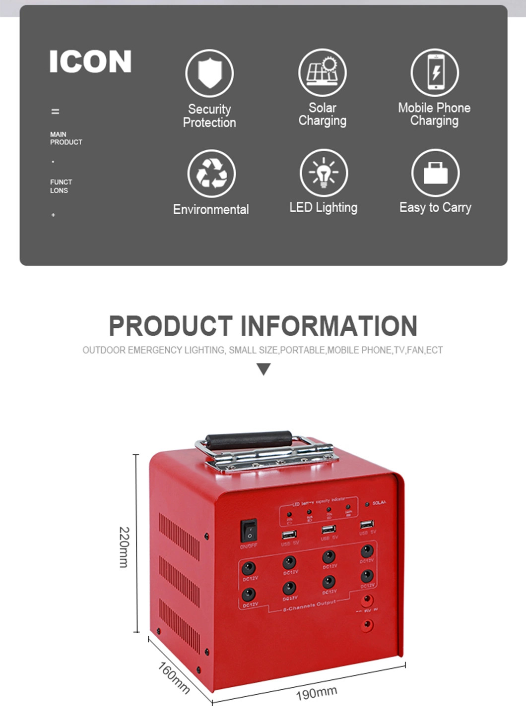 Portable Portable Outdoor Battery 12V 50W Large Emergency Energy Storage Power Supply Solar Backup Power Box