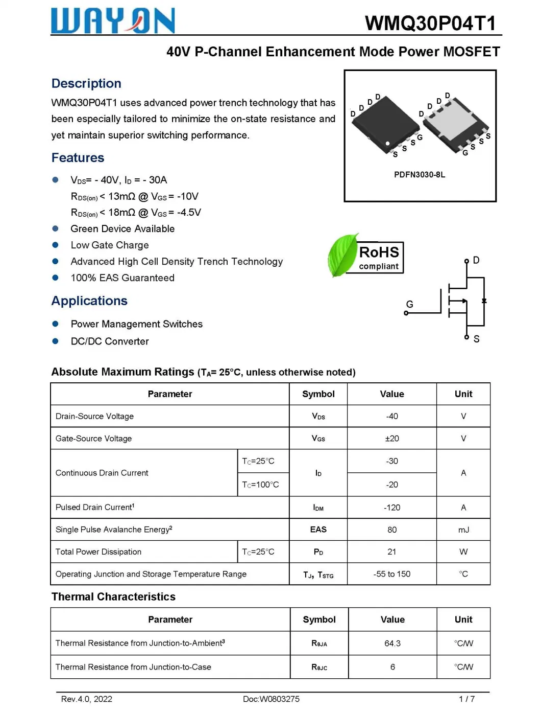 WMQ30P04T1 40V P-Channel Enhancement Mode Power MOSFET wayon