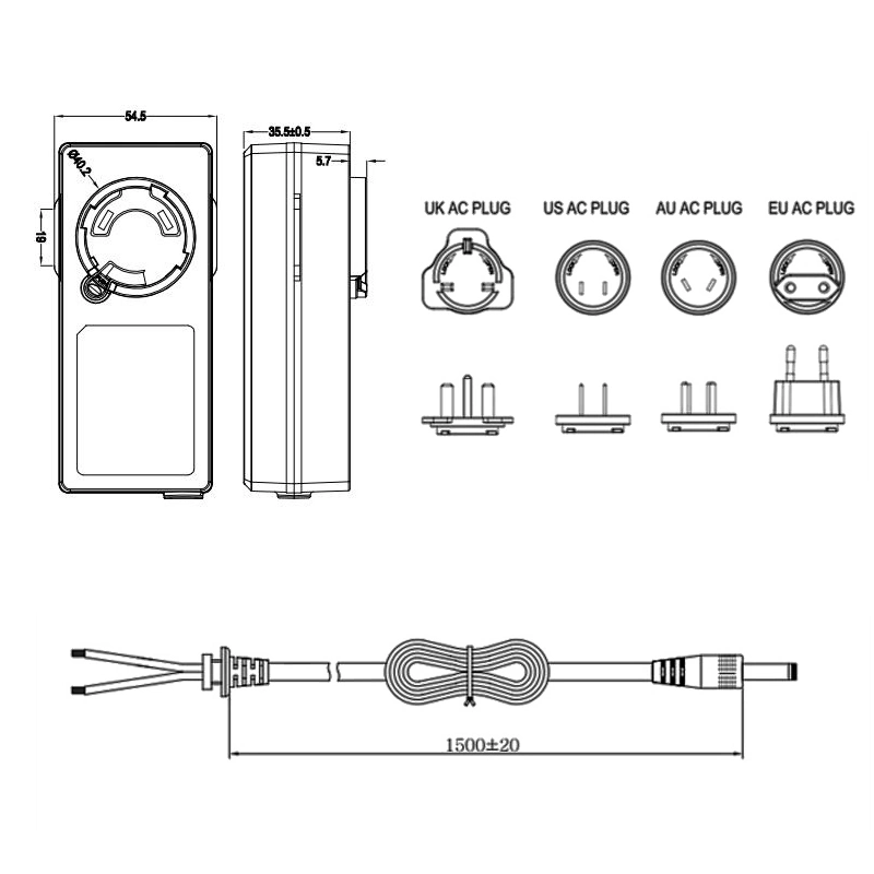 New Products Interchangeable Plug Adapter EU/Us/UK/Au/Cn Standard 12V 5A 65W Power Supply