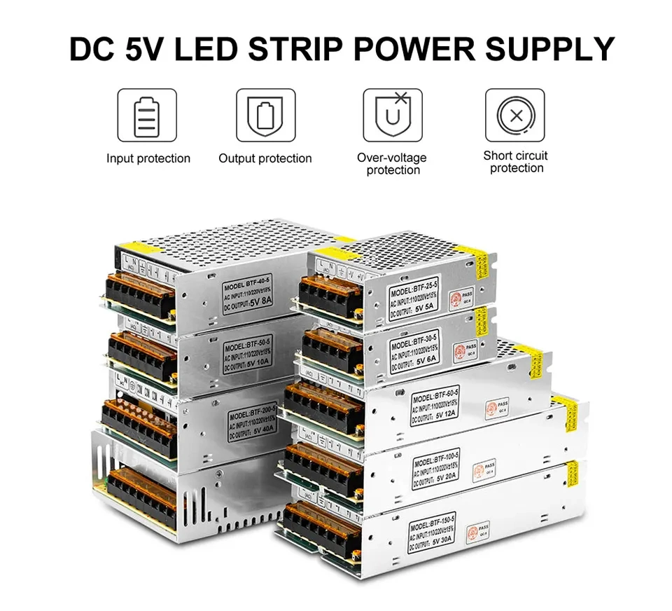 DC5V 2A 3A 4A 5A 8A 10A 12A 20A 30A 40A 60A Switch LED Power Supply Transformers Adapter Ws2812b Ws2801 Sk6812 Sk9822 LED Strip