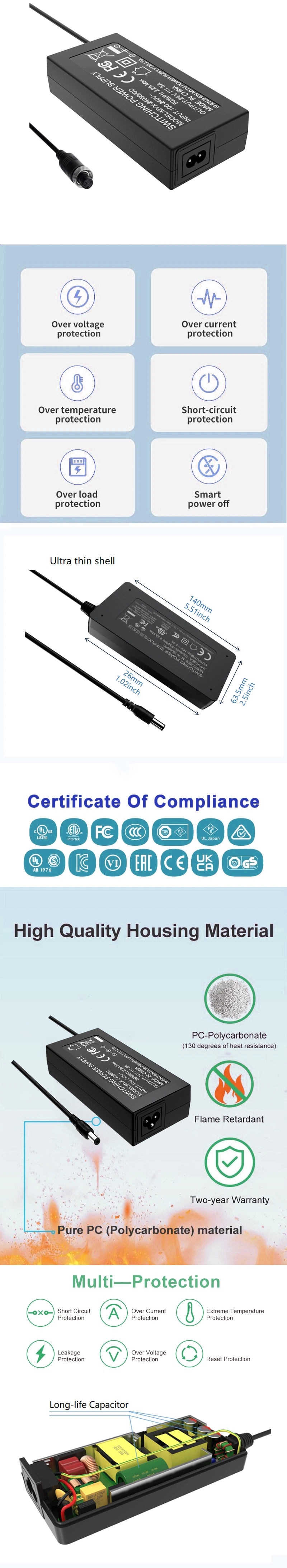 Factory Price AC/DC Desktop Adapter Power Adapter 48W 60W 72W 90W 120W 36V 12V 24V 2.5A 3A 6A 7A 8A 10A Power Supply with FCC CE CB SAA ETL PSE Power Adapter