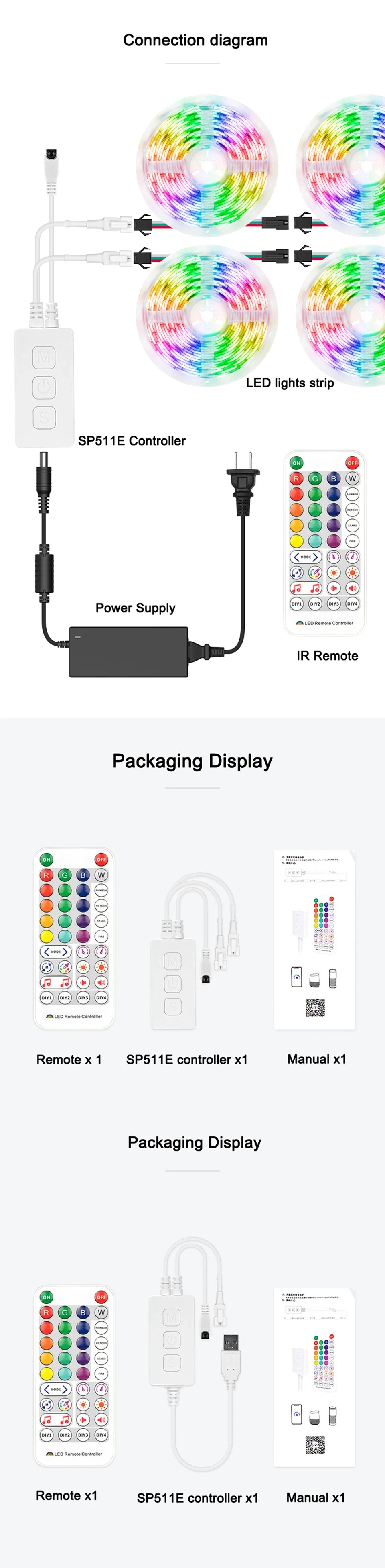 Ws2811 Ws2812b Controller Music Bluetooth APP IR38 Keys Built in Mic for Ws2812 Addressable WiFi Alexa Google Ios Android 5V-24V