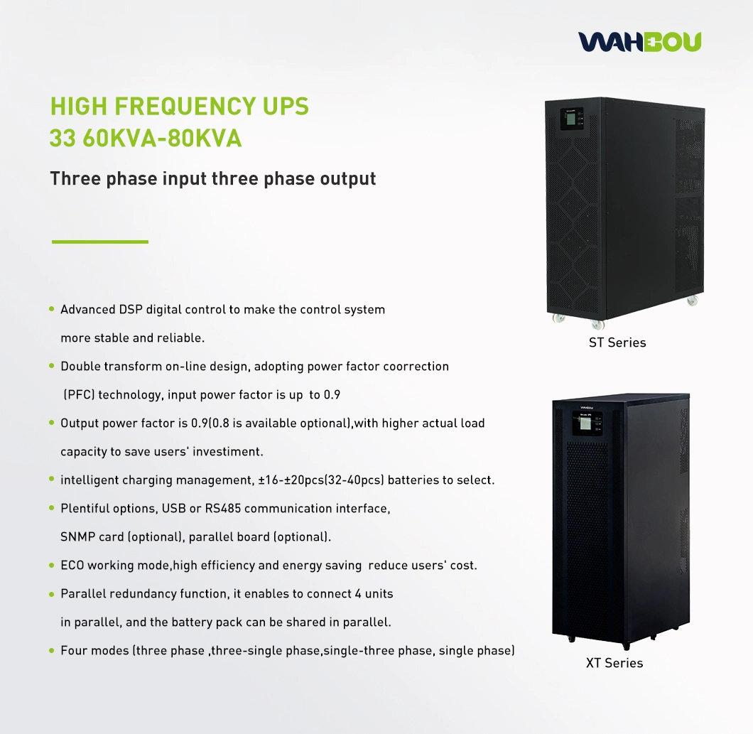 Wahbou High Frequency Three Phase Double Conversion Xt04 80kVA Online UPS Power Supply