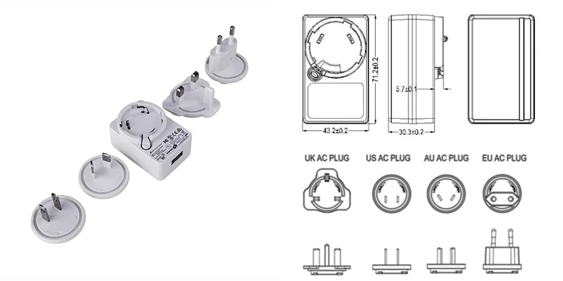 New Products Interchangeable Plug Adapter EU/Us/UK/Au/Cn Standard 12V 2A 30W Power Supply