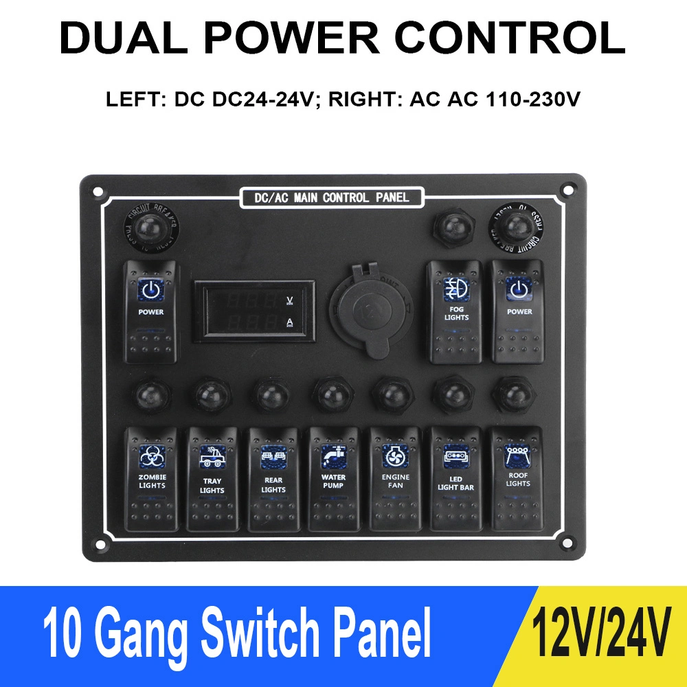 10 Gang Rocker Switch Panel 15A DC Output Car Auto Marine Waterproof LED AC/DC Dual Power Control Overload Protection