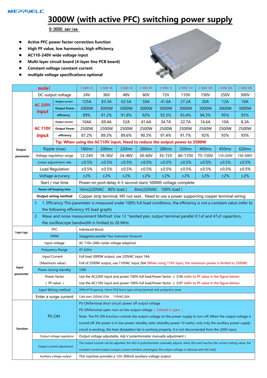 3000W Single output (with active PFC) Switching power supply AC 110-240V TO 0-24V 36V 48V 60V 72V 110V 150V 250V 300V