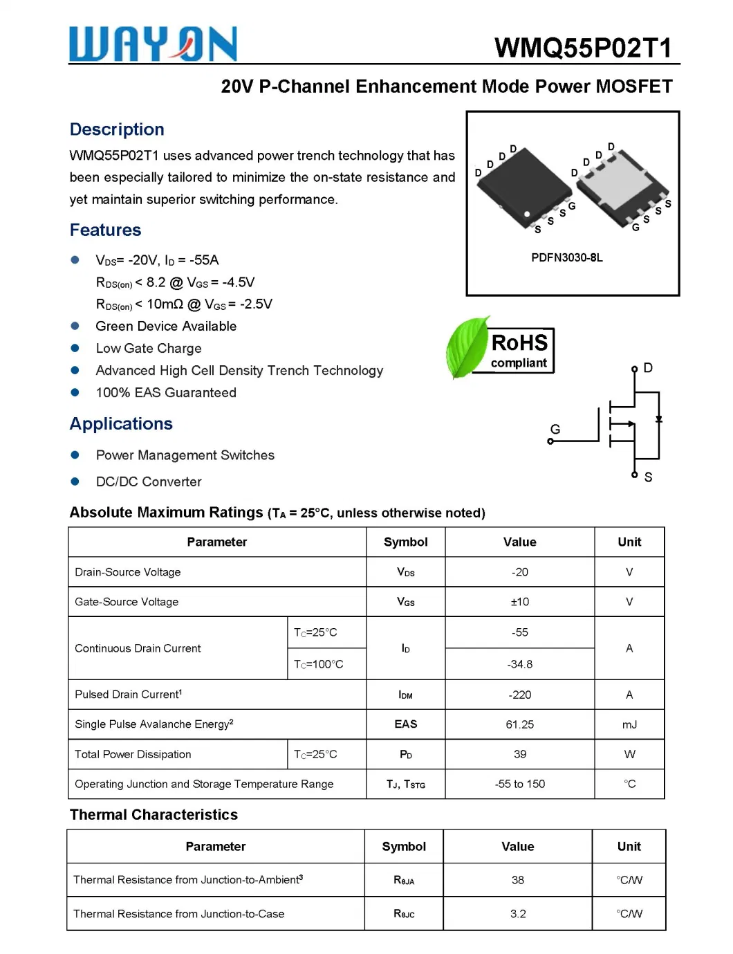 12V-100V Trench P Channel Enhancement Mode Power MOSFET Fetures Applications Wayon-WMQ55P02T1