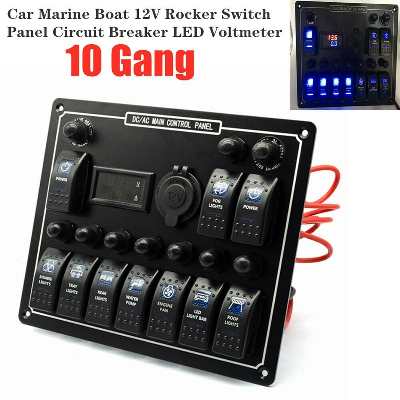 10 Gang Rocker Switch Panel 15A DC Output Car Auto Marine Waterproof LED AC/DC Dual Power Control Overload Protection