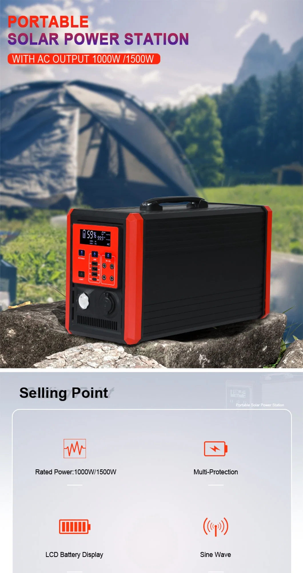 Portable Power Solar Generator UPS 1000 Watt Continuous Power Supply Home Use Outdoor Use