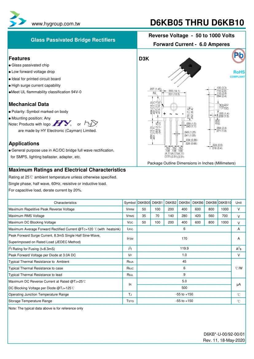 D3K Package Hy 6A Plug-in Bridge Rectifier Is Suitable for Medical Power Supply