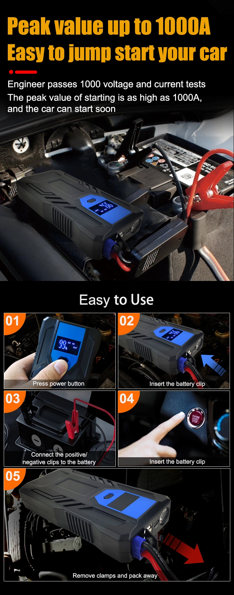 Portable Charger Starting Device Multi-Function Battery Portable 12V 24V Car Jump Starter with LCD Screen