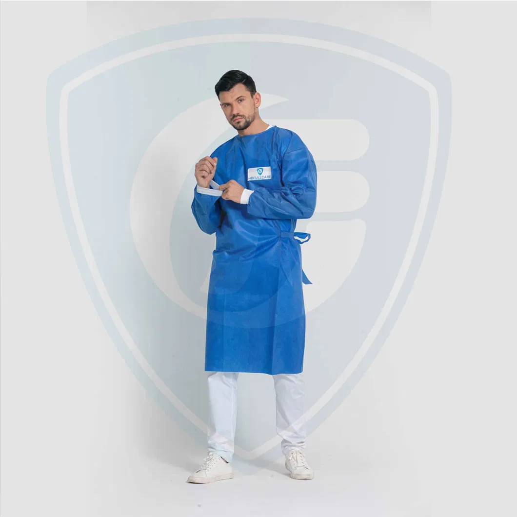 Disposable Blue SMS/Non-Woven Surgical/Isolation Gown Knitted Cuff Sterile Waterproof Hospital Operating Medical Supply
