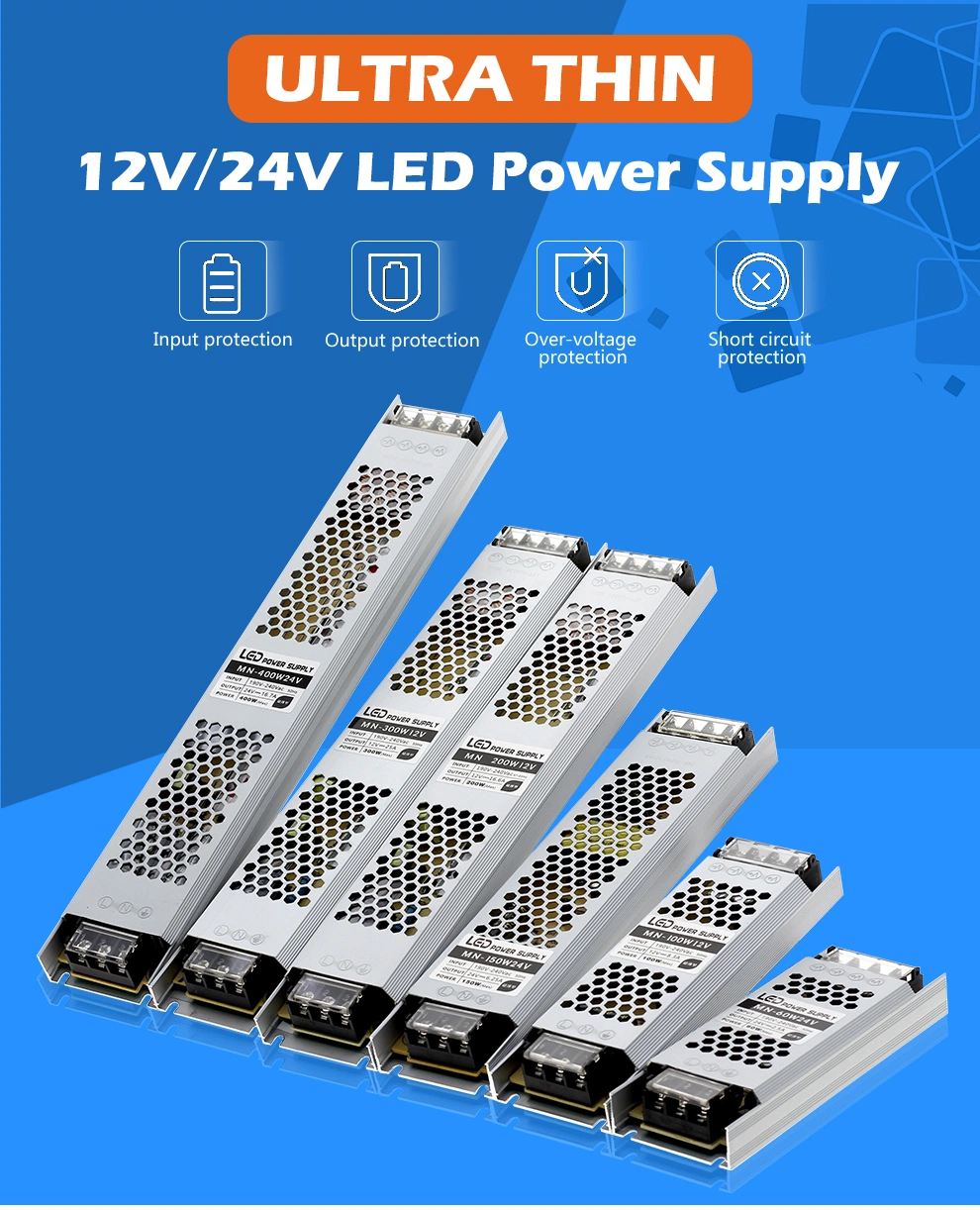 Ultra Thin LED Power Supply DC 12V 24V Lighting Transformers 60W 100W 150W 200W 300W 400W AC180-260V Driver for LED Strip Lights