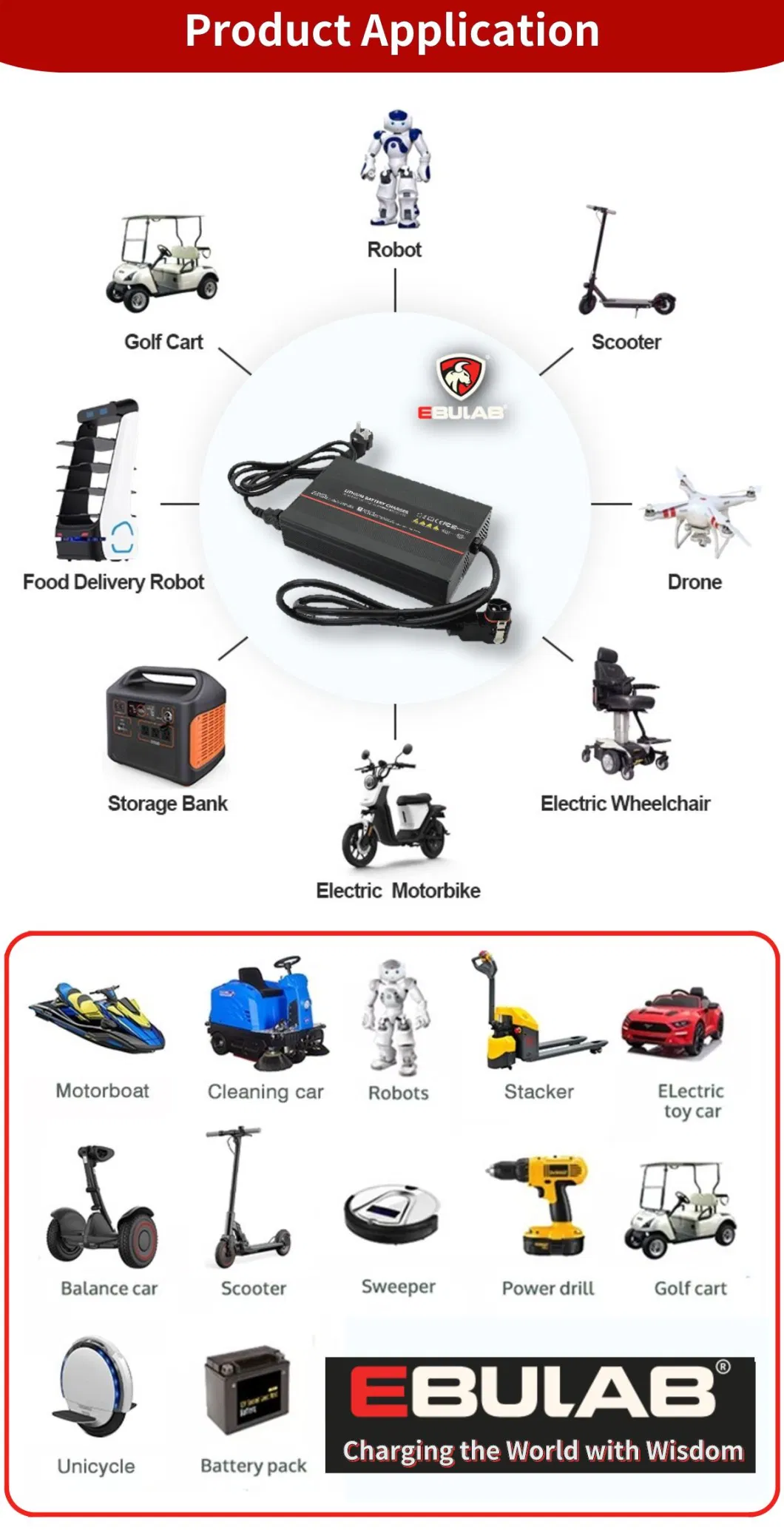 Ebulab OEM 12V 24V 48V 72V 2A 3A 5A 8A 10A 15A 20A Smart Electric Motorcycle E Bike Scooter Car Intelligent Rechargeable Lithium Battery Charger