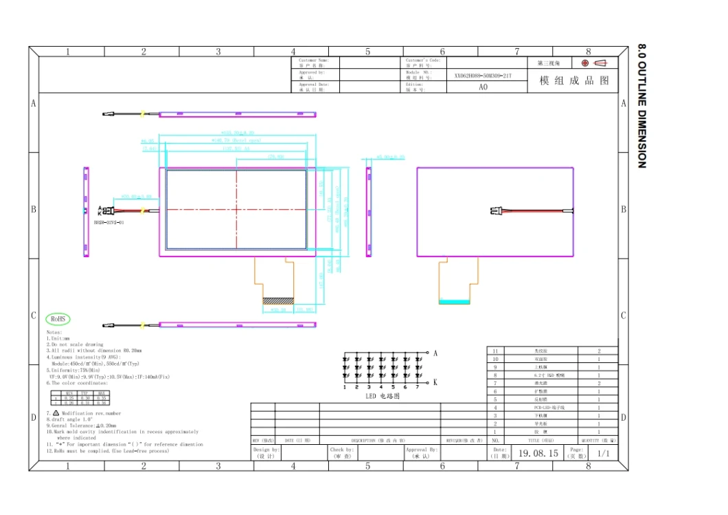 16: 9 Screen 6.2 Inch TFT LCD 6 Bits Frc Driver with 1 Channel Ttl Interface Display