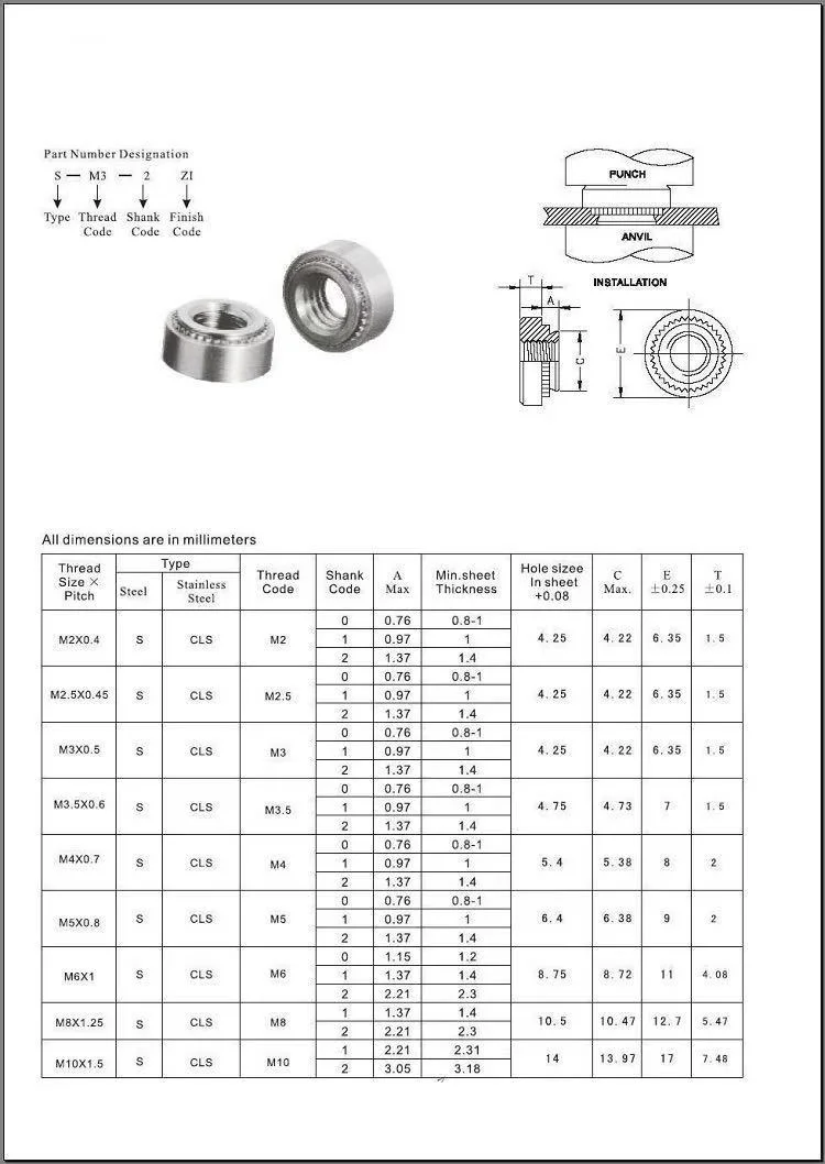 Stainless Steel Pressing Nuts S Ss Cls Clss Sp Self Clinching Fasteners for PC Board