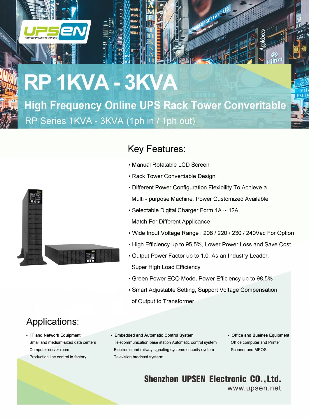 2kVA 2kw 48VDC Internal Batteries UPS High Frequency Rack Tower Online UPS for Public Security