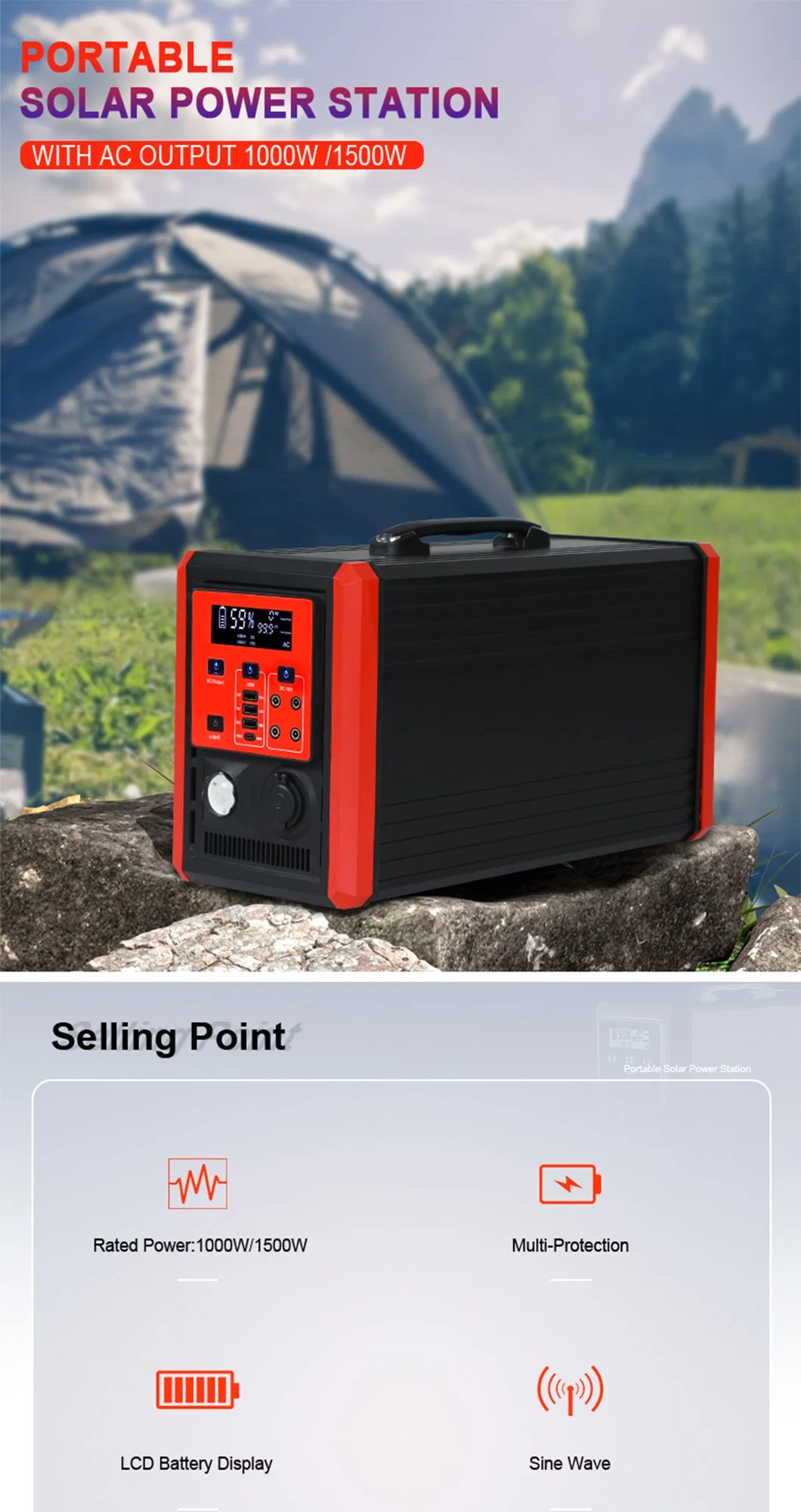 Power Storage Outdoor Camping Portable Power Solar Generator 1500 Watt Continuous Power Supply