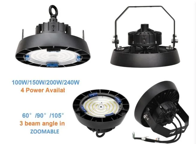 Factory Workshop 100W 150W 200W 240W Switchable Wattage UFO Warehouse Lighting IP65 0-10V / Dali Dimmer Waterproof Zoomable LED High Bay Light