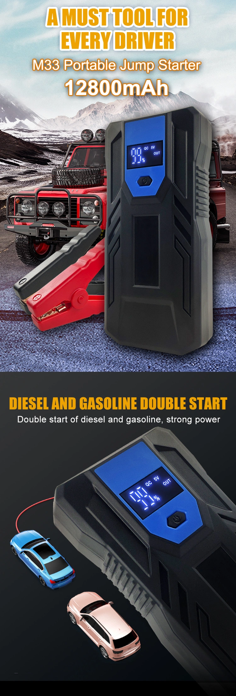 Portable Charger Starting Device Multi-Function Battery Portable 12V 24V Car Jump Starter with LCD Screen