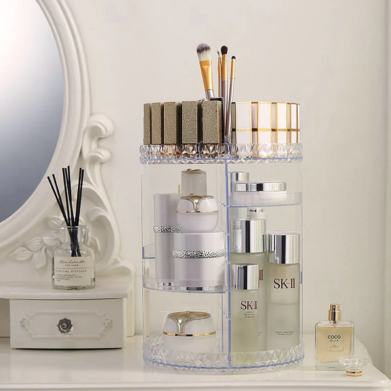 Clear 360 Degree Rotation Cylinder Diamond Plastic Multilayer Cosmetics Organizer