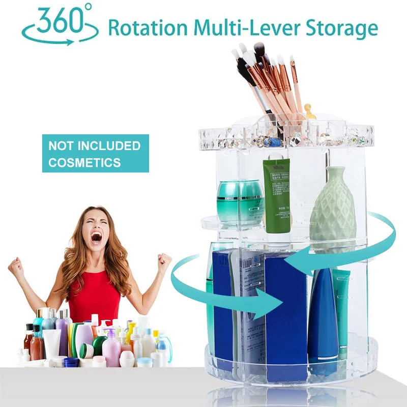 Clear 360 Degree Rotation Cylinder Diamond Plastic Multilayer Cosmetics Organizer