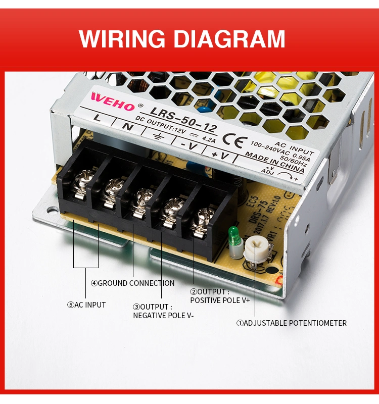 Lrs Series CE RoHS AC to DC Power Supplies 50W 24V 50W Power Supply DC 24V Transformer Driver Switching Power Supply for LED Strips