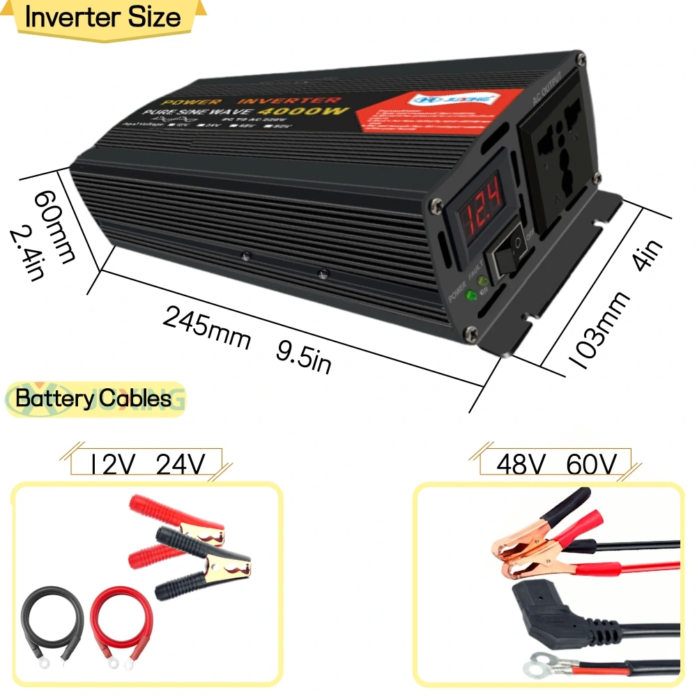 4000W Pure Sine Wave Power Inverter 12V 24V 48V 60V DC to 220V AC Converter