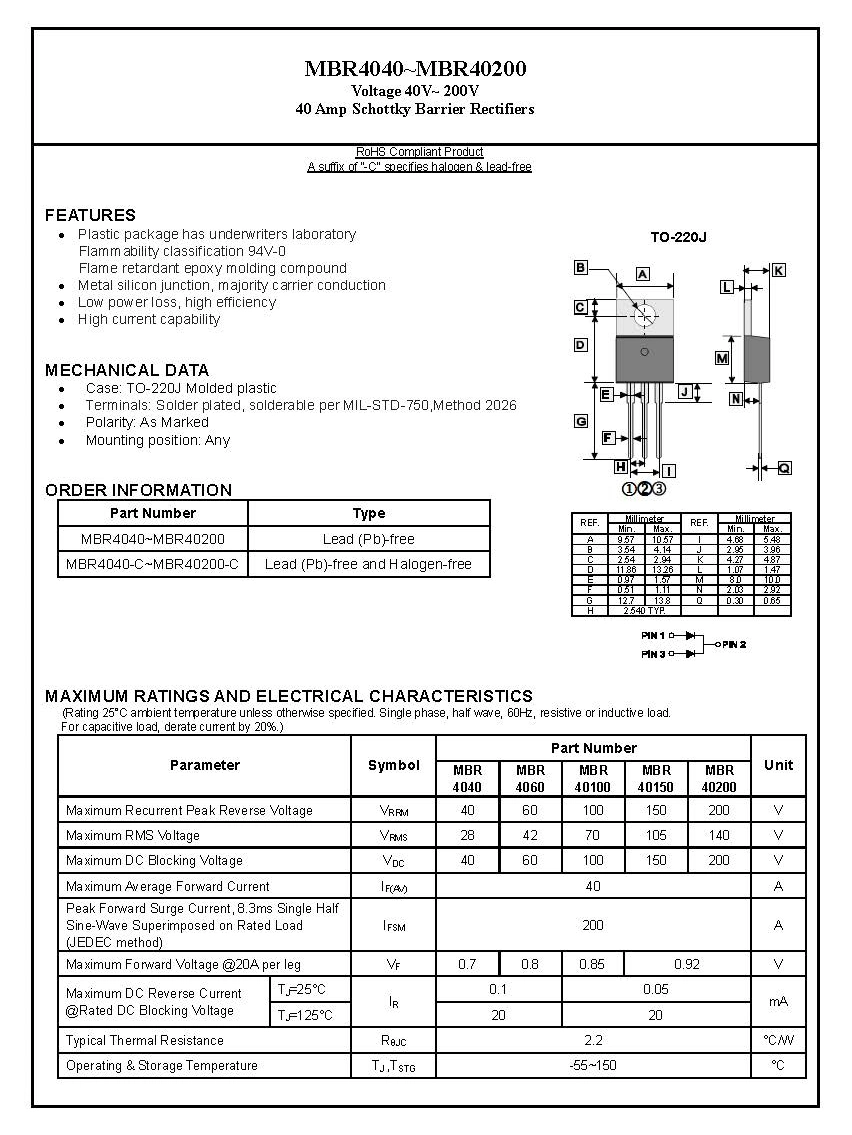 40 Amp Schottky Barrier Rectifiers MBR40100