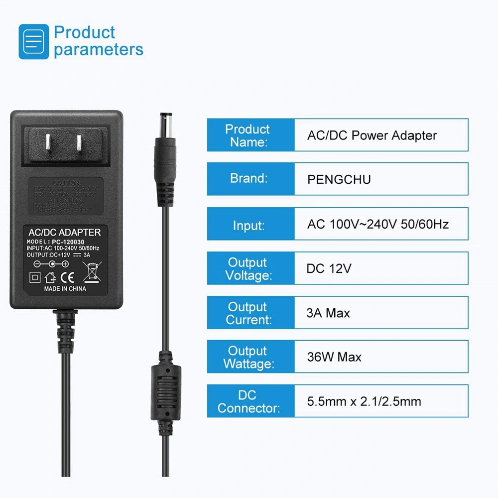 12V 3A Wall Power Supply Adapter 100~240V AC to DC 12 Volt 3 Amp 36W Converter 12 Vdc 3000mA 2.4A 2.5A 2.8A Available 5.5mm x 2.5mm 2.1mm for LED Strip Light