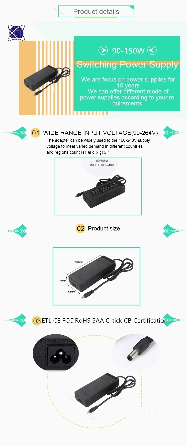 Desktop Switching Power Adapter 24V 5A 12V 10A 120W AC/DC Power Supply SMPS with UL ETL CE FCC RoHS SAA C-tick Approved