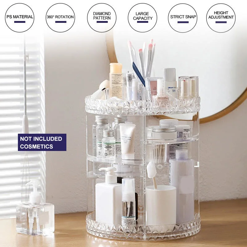 Clear 360 Degree Rotation Cylinder Diamond Plastic Multilayer Cosmetics Organizer