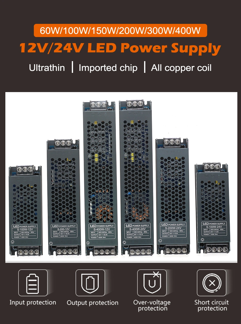Ultra Thin LED Power Supply DC12V 24V Lighting Transformers 60W 100W 150W 200W 300W AC190-240V Driver for LED Strips