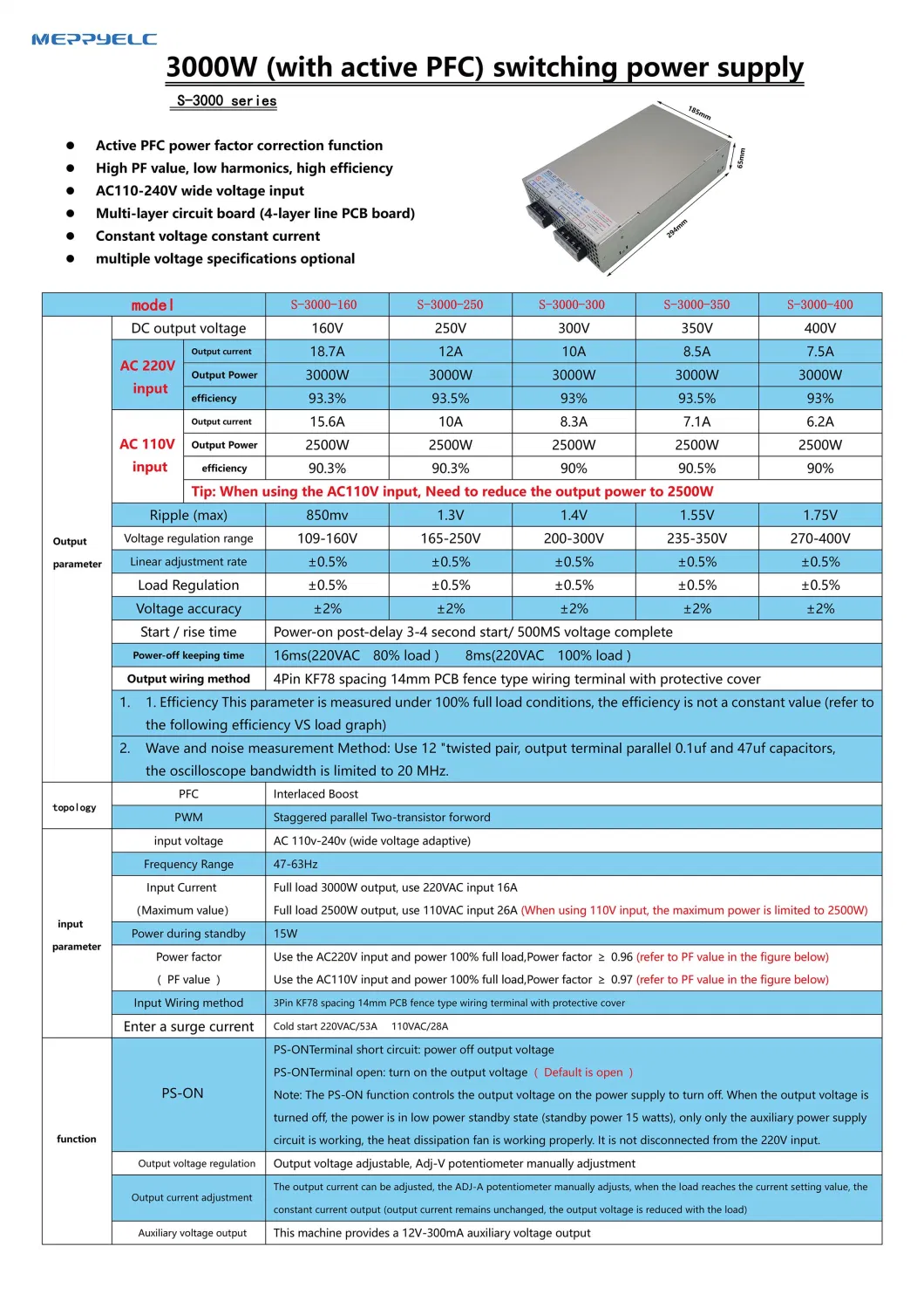 3000W Single output (with active PFC) Switching power supply AC 110-240V TO 0-24V 36V 48V 60V 72V 110V 150V 250V 300V