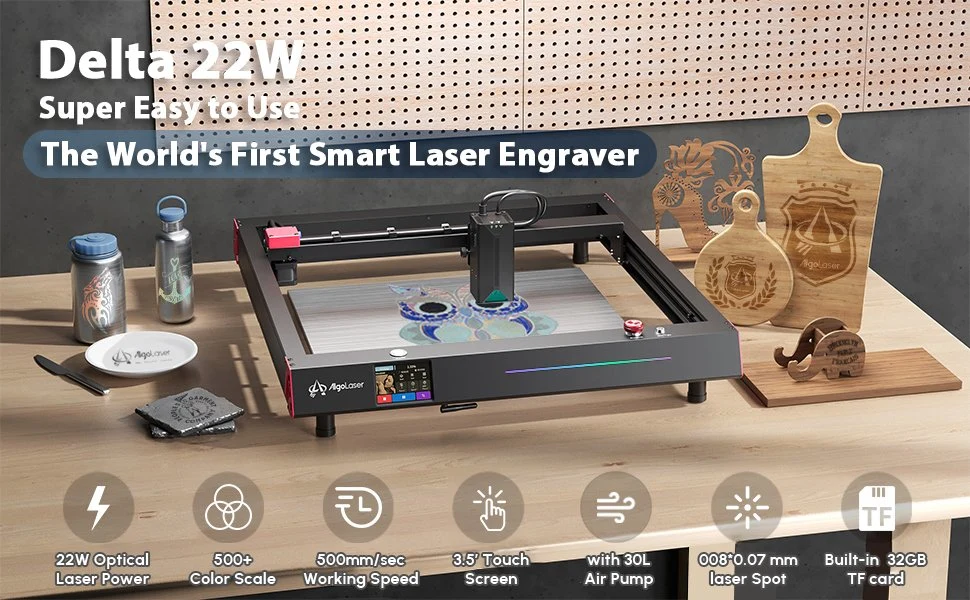 Algolaser Delta 22W Laser Engraver with Air Assist, CNC Laser Engraver for PC Mobile, Hypersonic Laser for Wood Metal Acrylic etc.