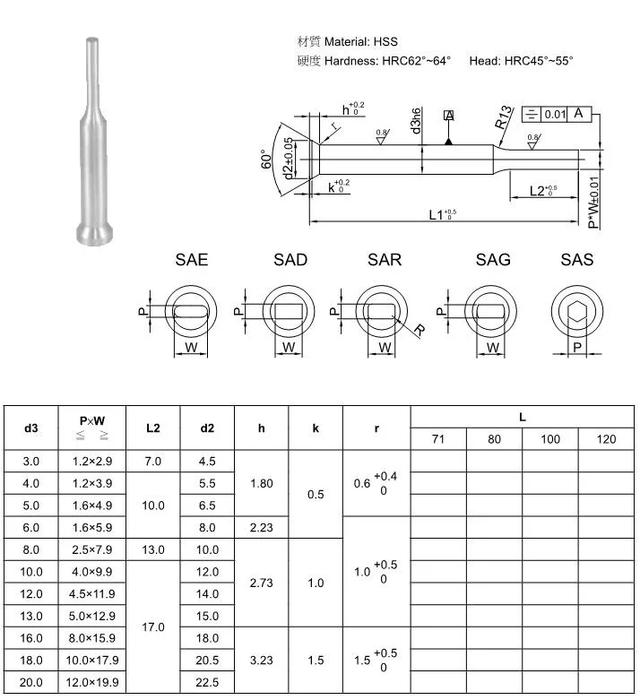 HSS Skh51straight DIN 9861 Tungsten Carbide Punch with Cylindrical Head CNC Turret Punch Tooling