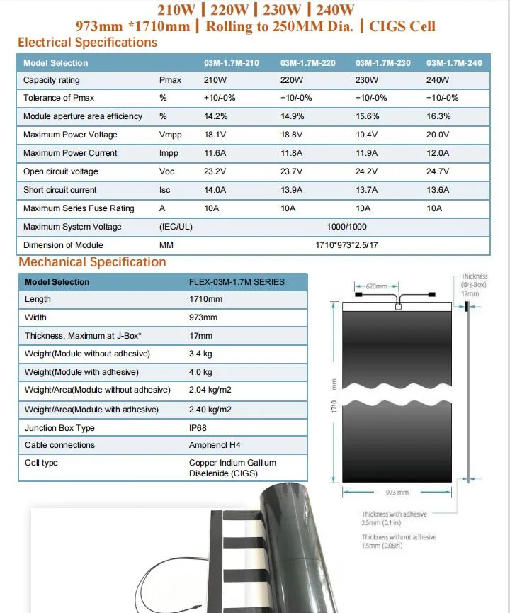 210W CIGS Flexible Solar Panel (Flex-03M-1.7M)