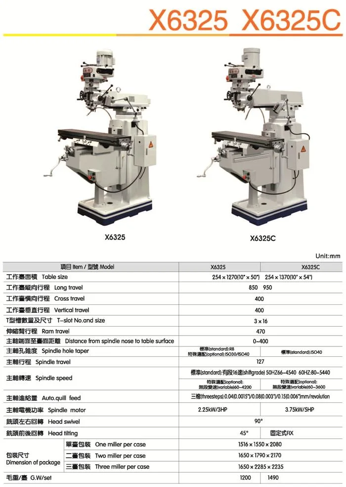 China Manufacturer Machine Tool X6325 X6325A X6325D Universal Turret Vertical CNC Milling Machine with CE for Metal