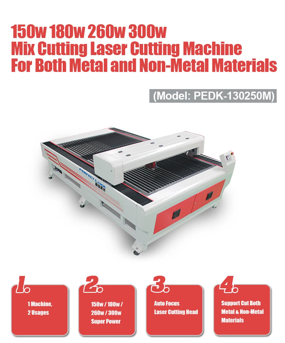 Perfect Laser-180W 260W 300W 400 Watts 1325 1212 1218 CNC Metal Steel &amp; Nonmetal Materials Wood/MDF/Aryclic/PVC Chinese CO2 Mixed Laser Cutting Machine Price