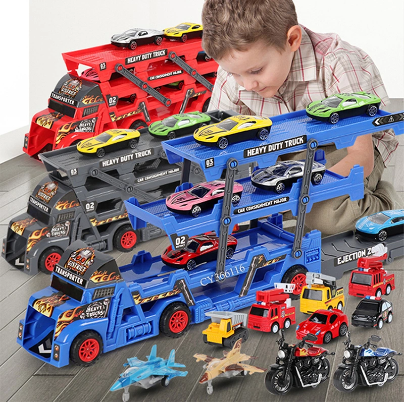 Folding Metal Truck Toys Ejection Car Include 6 Metal Cars Container Truck Toy with DIY Stickers Multifunctional Die Cast Model Car