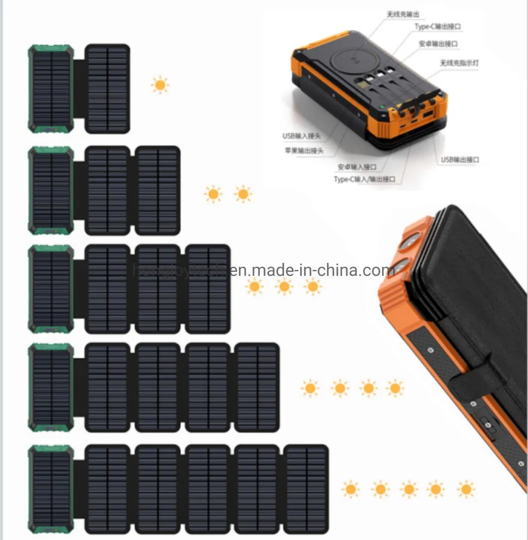 10000mAh Wireless Power Bank Waterproof Portable Solar Battery Packs Emergency Power Supply for Outdoor Used, 2-6 Foldable Solar Panels with LED Camping Lantern